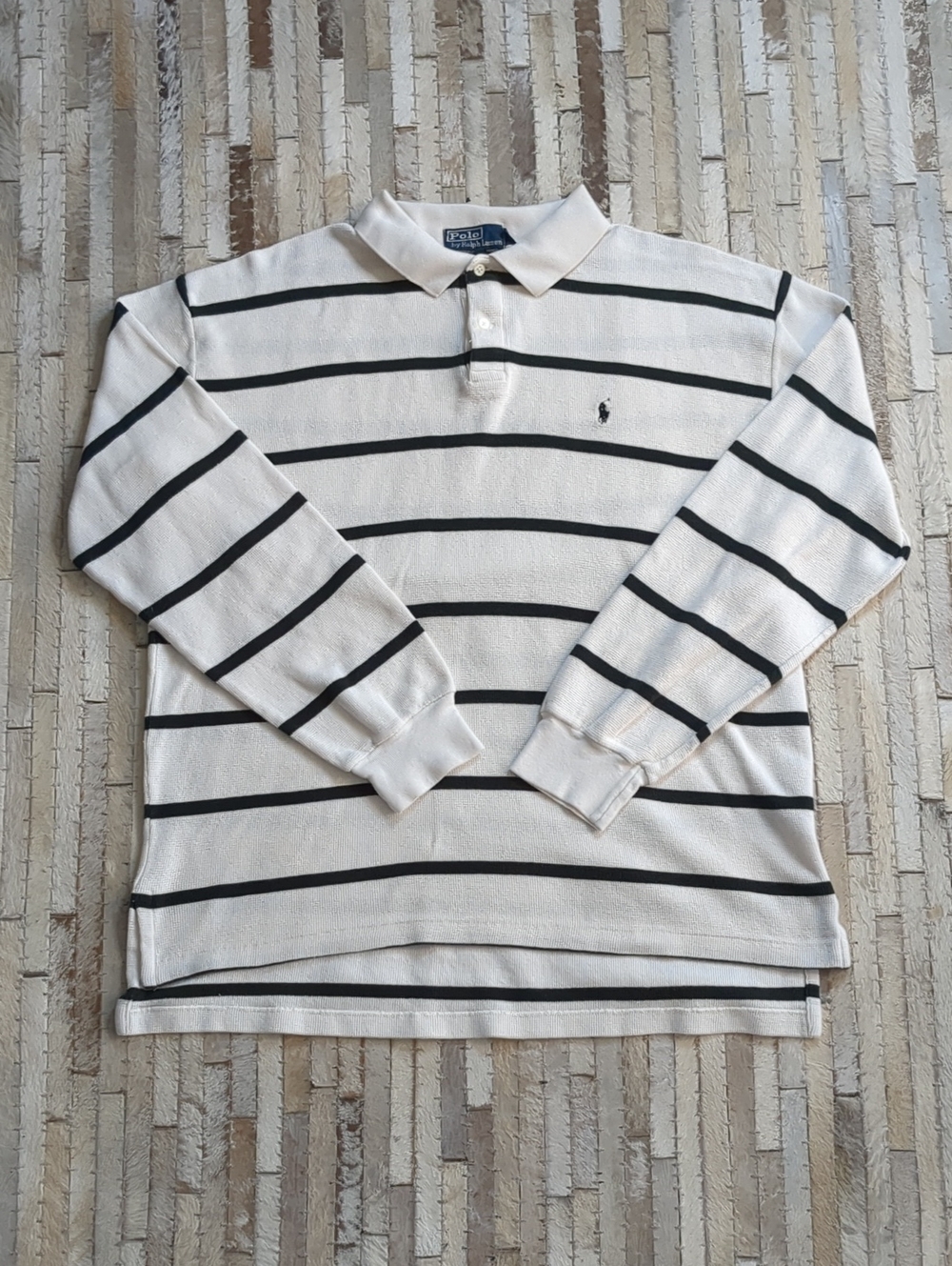 Polo Ralph Lauren Vintage 90s Men's L Striped Long Sleeve Waffle Knit Polo